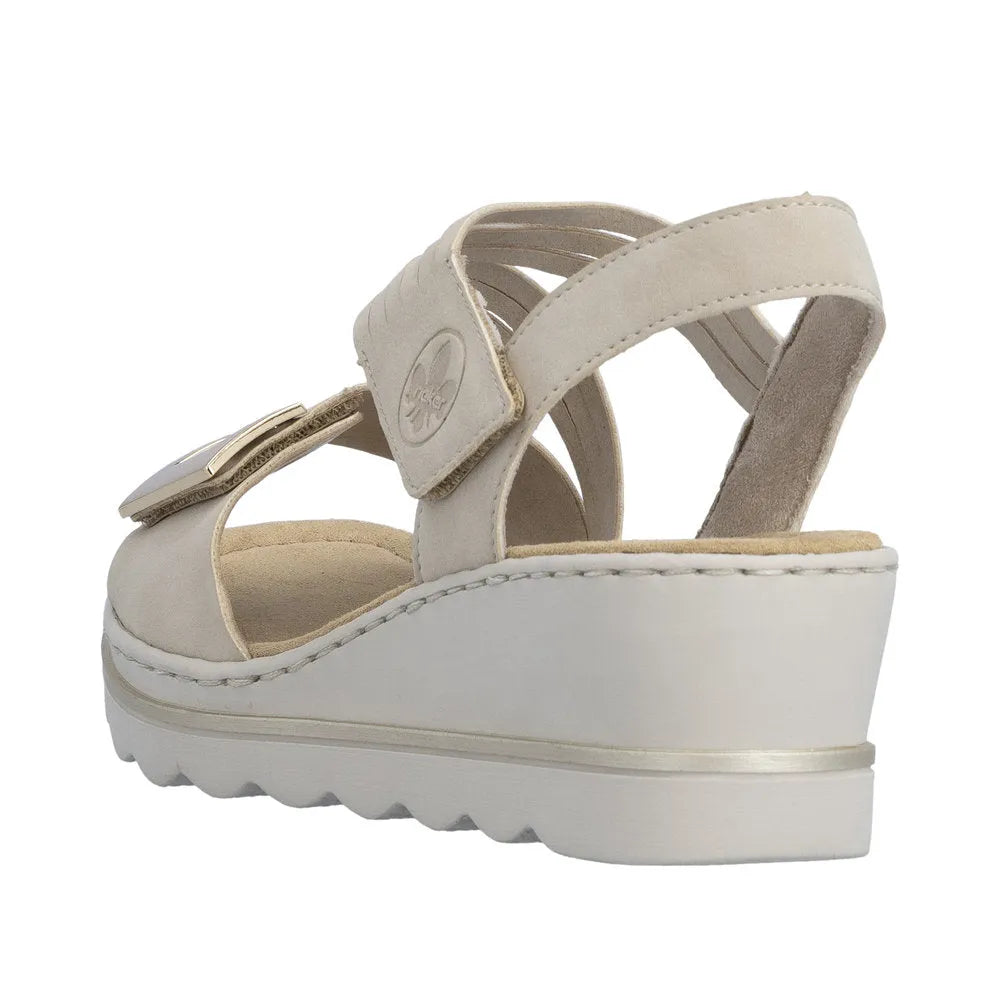 Rieker 67410-62 beige touch fastening women's platform sandals with buckle detail and wedge heel.