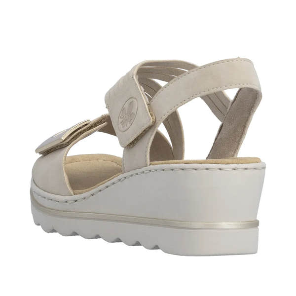 Rieker 67410-62 beige touch fastening women's platform sandals with buckle detail and wedge heel.