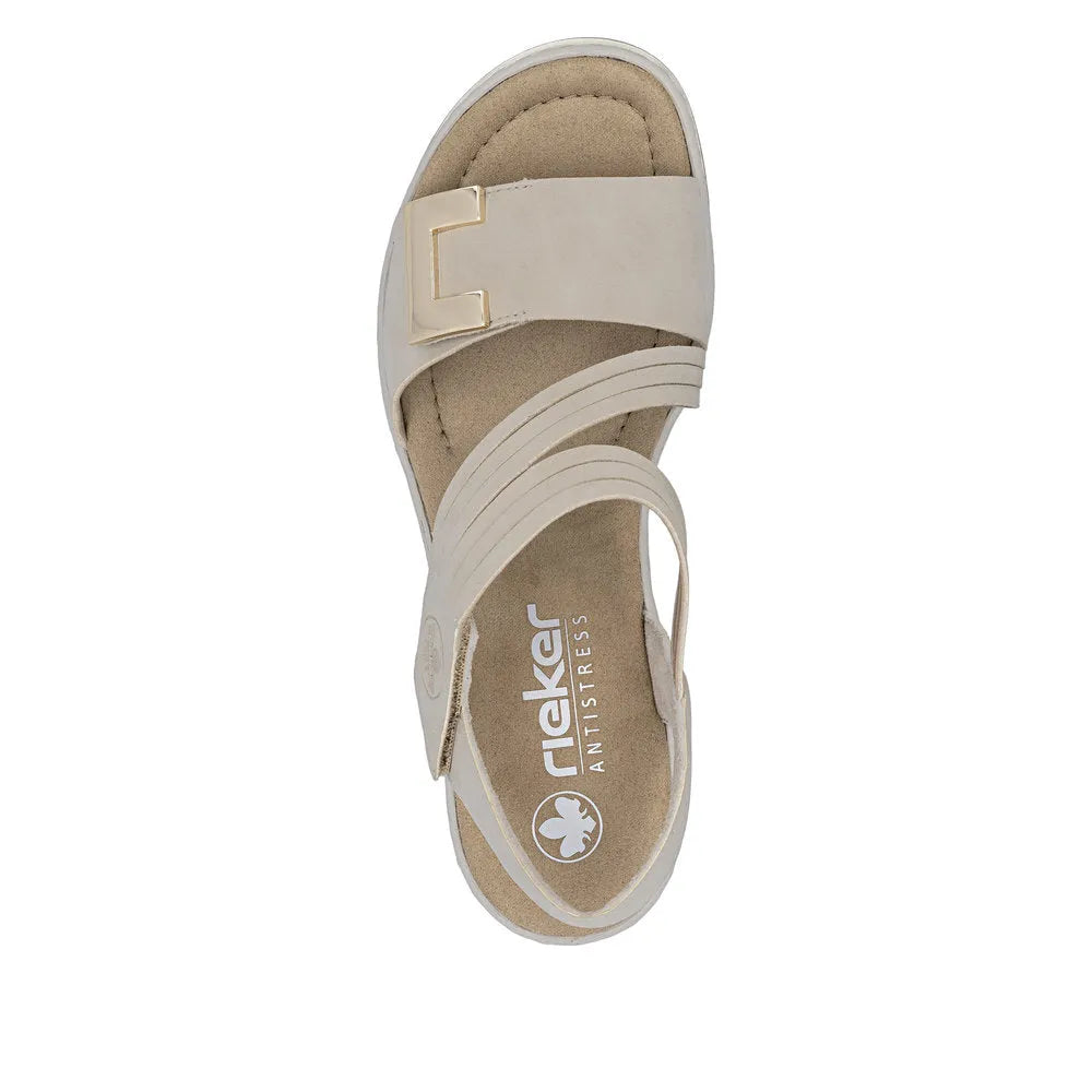 Rieker 67410-62 women's beige touch-fastening sandals with cushioned insole and adjustable straps.