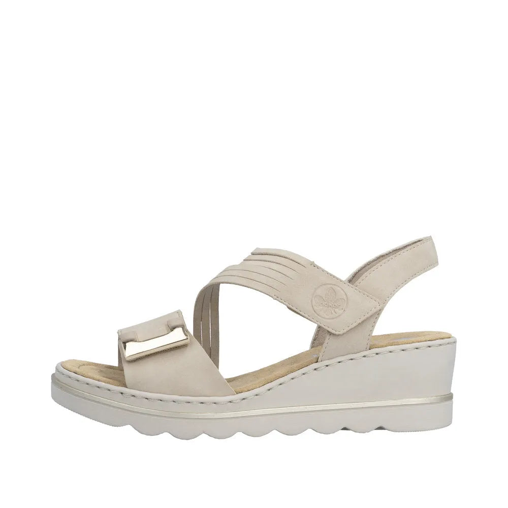 Rieker 67410-62 beige ladies touch fastening wedge sandals with adjustable straps and cushioned insole.