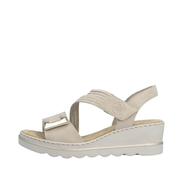 Rieker 67410-62 beige ladies touch fastening wedge sandals with adjustable straps and cushioned insole.