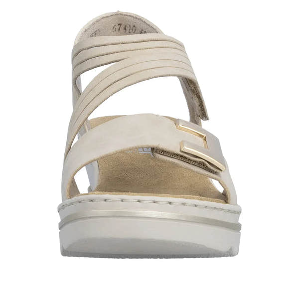 Rieker 67410-62 beige touch fastening women's sandals with multi-strap design and metallic buckle detail.