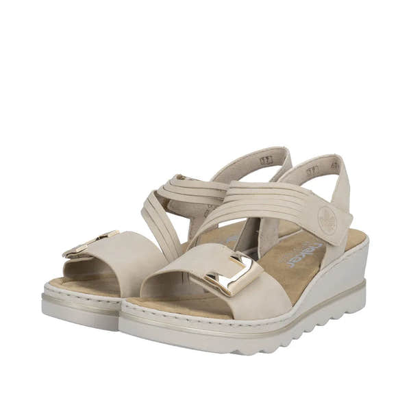 Rieker 67410-62 women's beige touch fastening sandals with buckle detail, cushioned insole, and wedge sole.