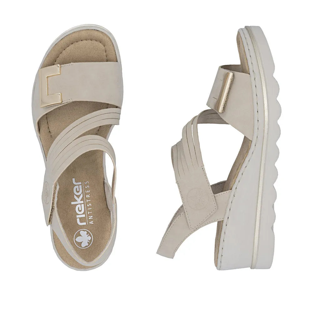 Rieker 67410-62 beige touch fastening ladies' sandals with adjustable straps and cushioned sole.