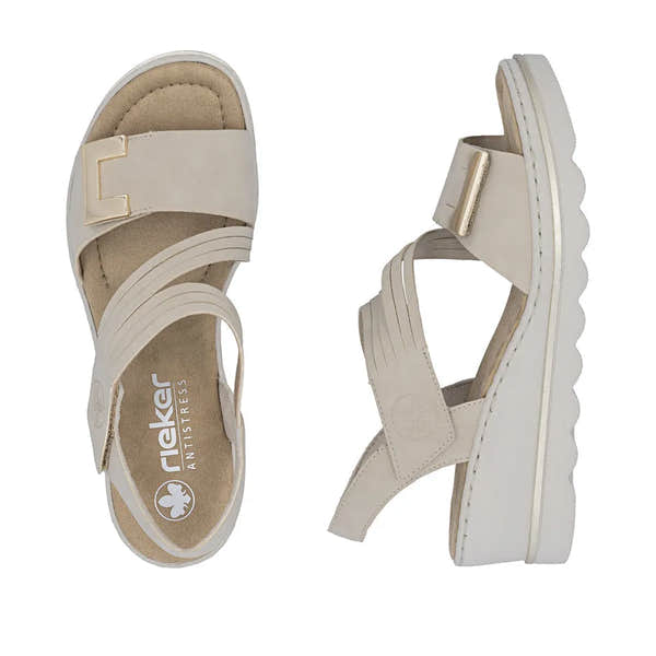 Rieker 67410-62 beige touch fastening ladies' sandals with adjustable straps and cushioned sole.