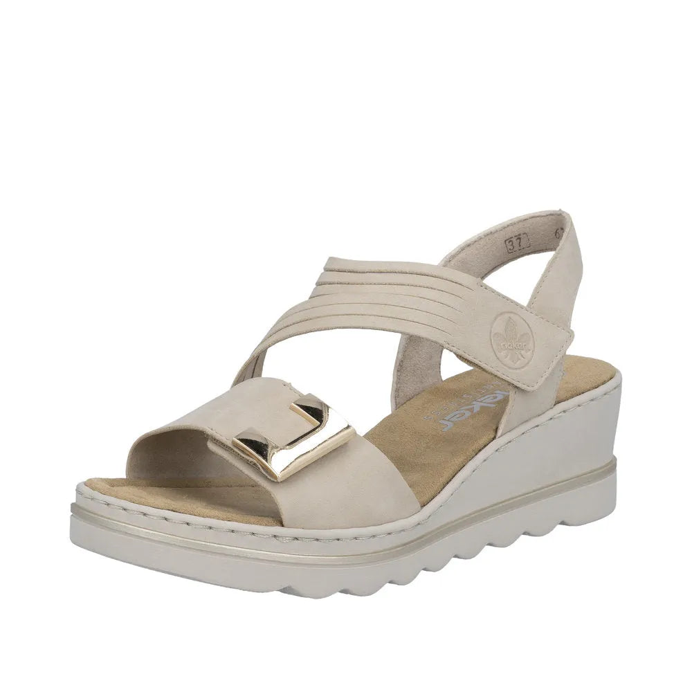 Rieker 67410-62 beige ladies touch fastening sandals with gold buckle detail, cushioned insole, and wedge heel.