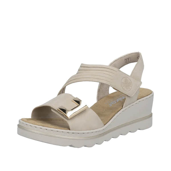 Rieker 67410-62 beige ladies touch fastening sandals with gold buckle detail, cushioned insole, and wedge heel.