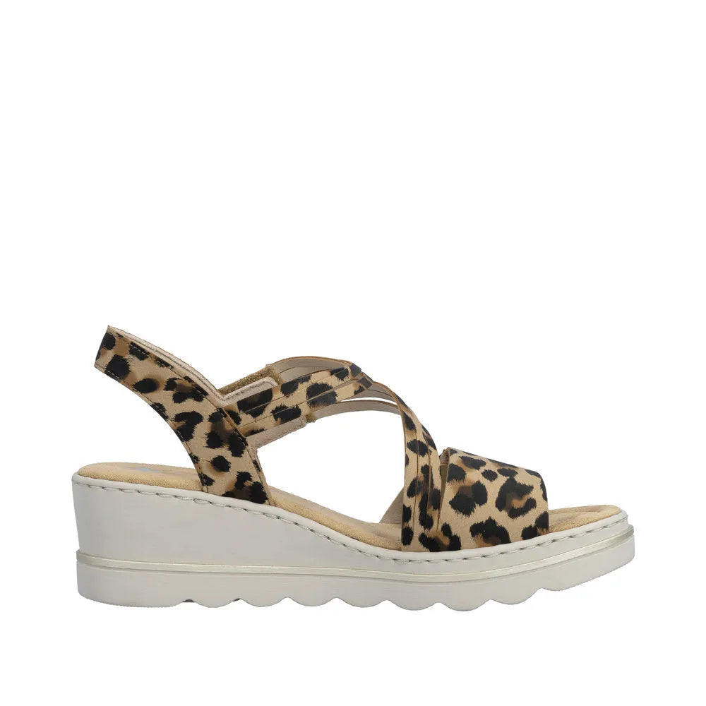 Rieker 67410-90 women's leopard print touch fastening wedge sandals with cushioned sole and slip-on design.