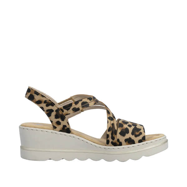 Rieker 67410-90 women's leopard print touch fastening wedge sandals with cushioned sole and slip-on design.