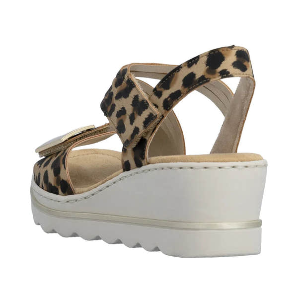 Rieker 67410-90 women's animal print touch fastening platform sandals with wedge heel and cushioned insole.