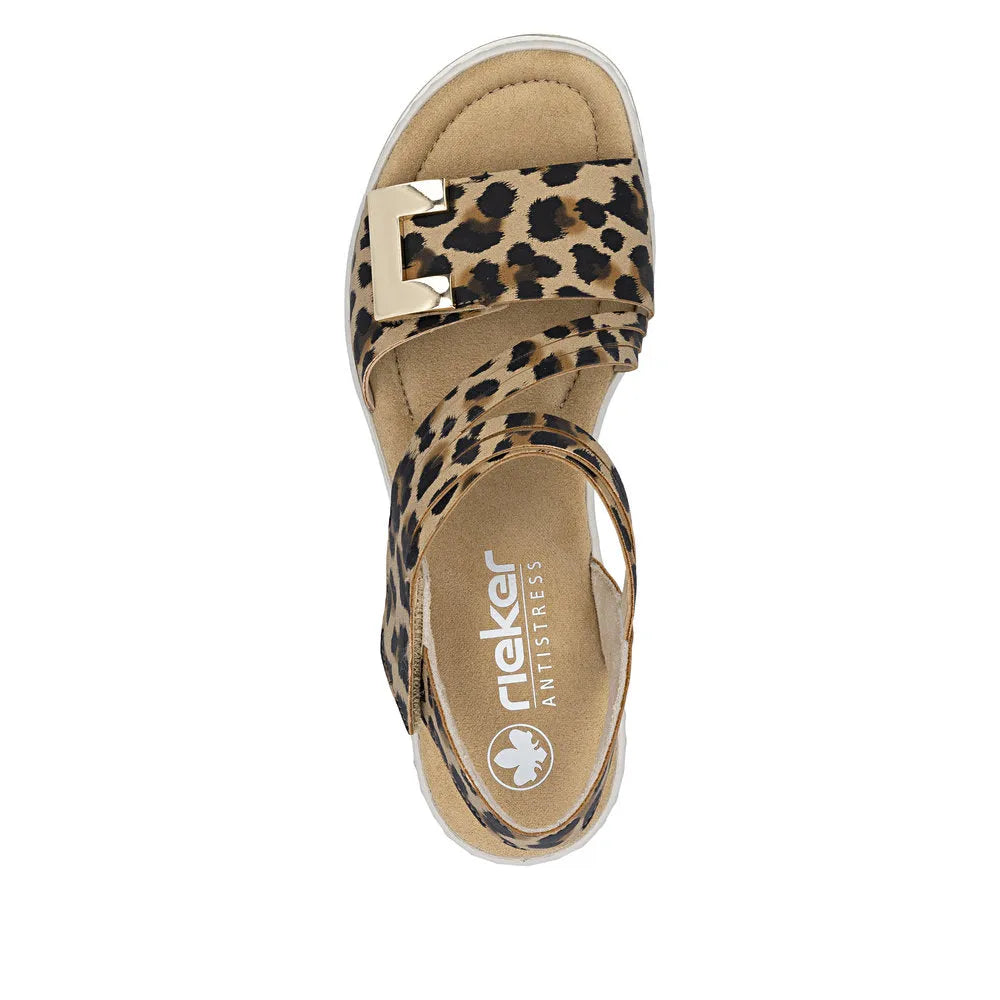 Rieker 67410-90 women's animal print touch fastening sandals with leopard pattern and gold buckle detail.