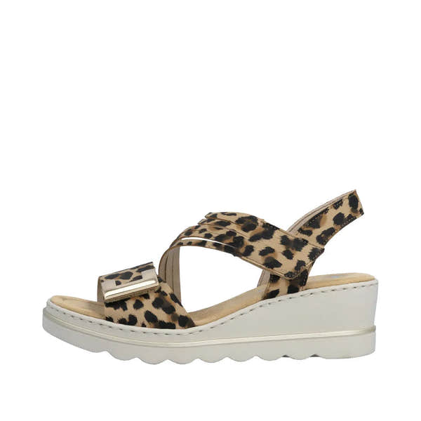 Rieker 67410-90 women's animal print touch fastening wedge sandals with chunky white sole.
