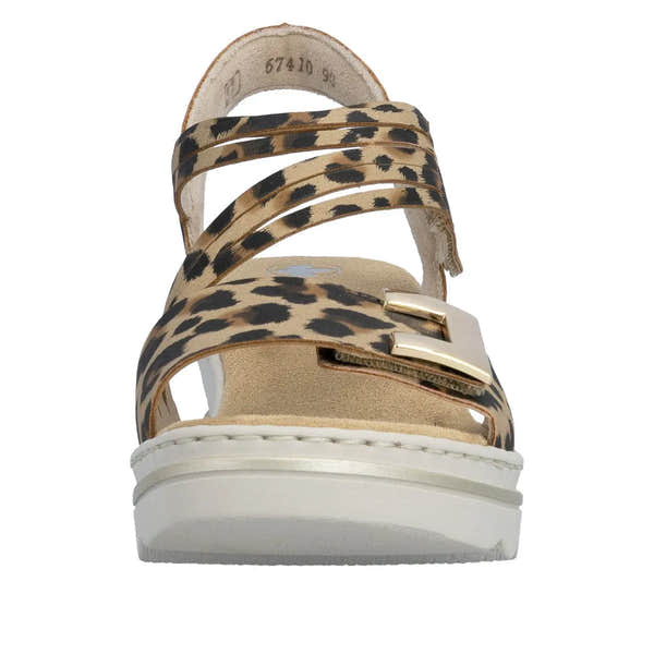 Rieker 67410-90 women's animal print touch fastening sandals with chunky sole and gold buckle detail.