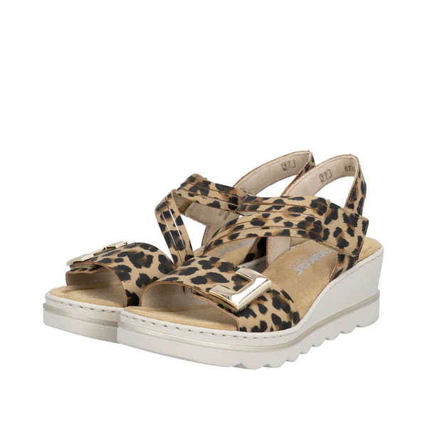 Rieker 67410-90 women's animal print touch fastening wedge sandals with buckles and cushioned sole.