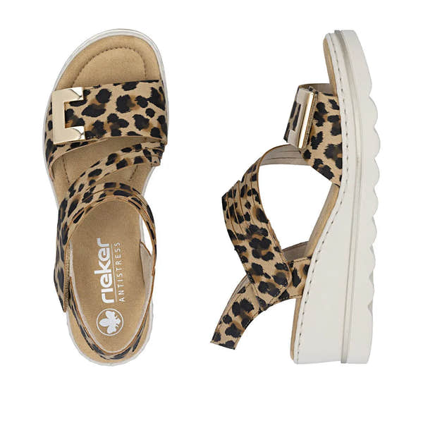 Rieker 67410-90 women's animal print touch fastening sandals with chunky sole and comfy straps.