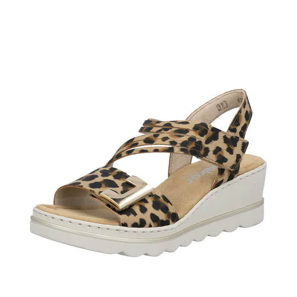 Rieker 67410-90 women's animal print touch fastening wedge sandals with buckle detail and cushioned insole.