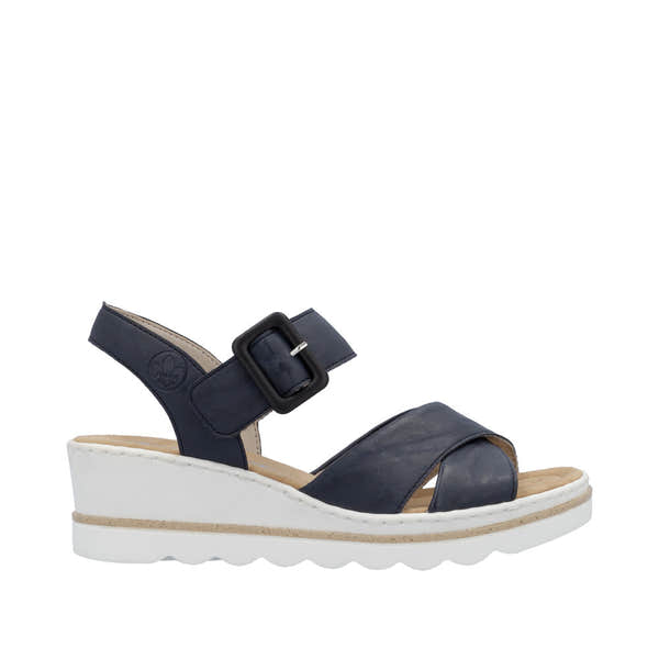 Rieker 67463-14 women's navy blue Pacific buckle wedge sandals with adjustable strap and white rubber sole.