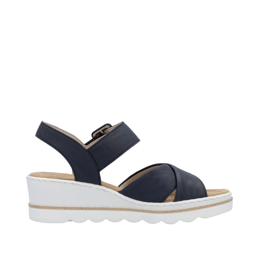 Rieker 67463-14 Ladies Pacific Buckle Sandals with navy leather straps and white wedge sole.