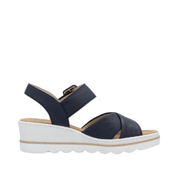 Rieker 67463-14 Ladies Pacific Buckle Sandals with navy leather straps and white wedge sole.