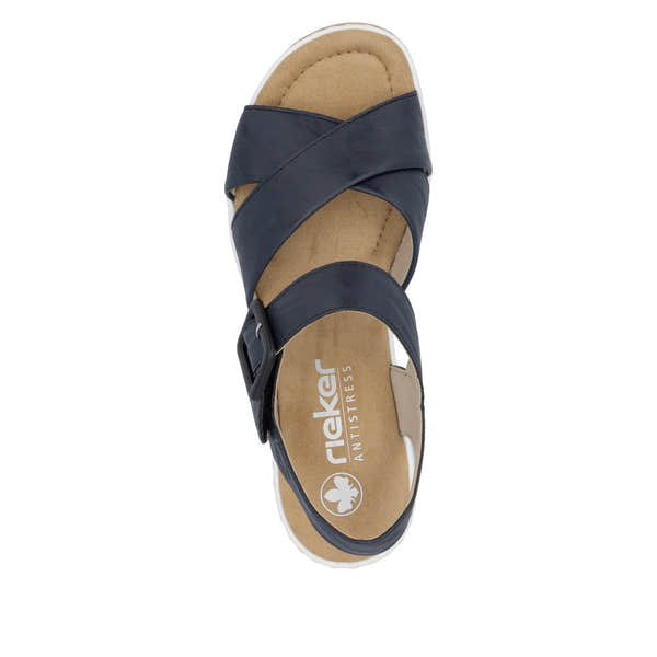 Rieker 67463-14 women's navy blue leather Buckle Sandals with cushioned footbed and adjustable ankle strap.