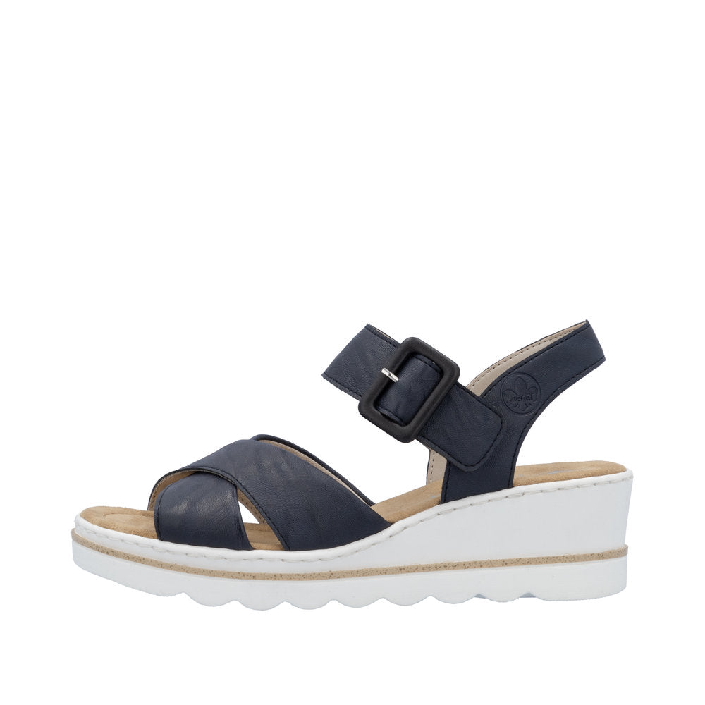 Rieker 67463-14 Women's Navy Buckle Sandals with cushioned sole and white platform wedge heel.