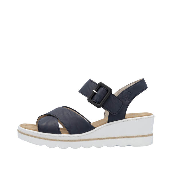 Rieker 67463-14 Women's Navy Buckle Sandals with cushioned sole and white platform wedge heel.