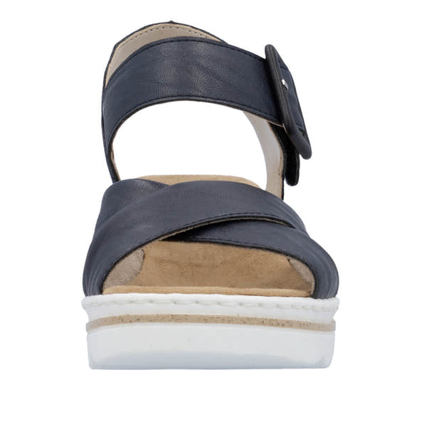Rieker 67463-14 ladies Pacific buckle sandals with navy leather straps and cushioned beige footbed.