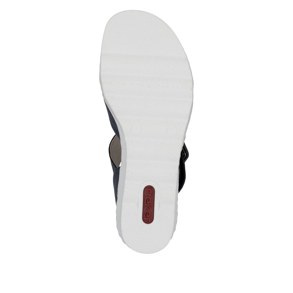 Rieker 67463-14 Ladies Pacific Buckle Sandals with cushioned white sole and black straps.