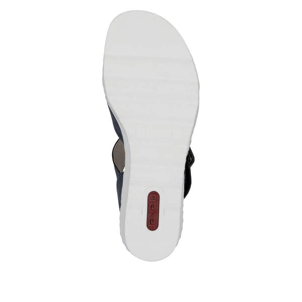 Rieker 67463-14 Ladies Pacific Buckle Sandals with cushioned white sole and black straps.