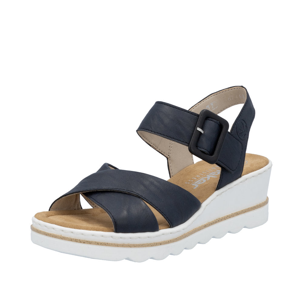 Rieker 67463-14 women's navy leather wedge sandals with ankle buckle strap and cushioned beige insole.