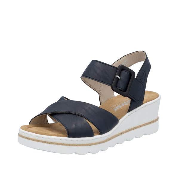 Rieker 67463-14 women's navy leather wedge sandals with ankle buckle strap and cushioned beige insole.