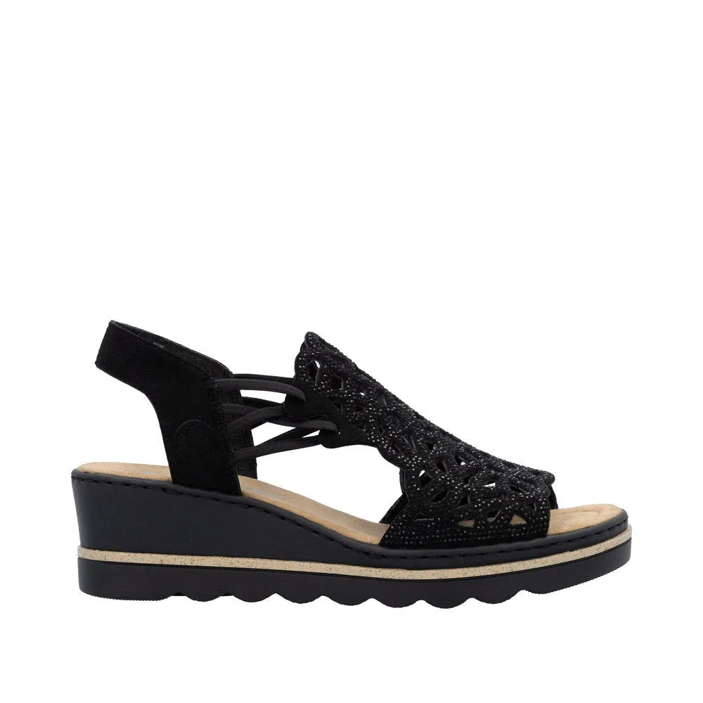 Rieker 67465-00 Women's Black Textile Wedge Sandals with Elasticated Straps and Cutout Design