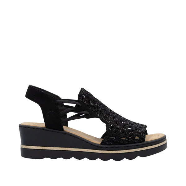 Rieker 67465-00 Women's Black Textile Wedge Sandals with Elasticated Straps and Cutout Design