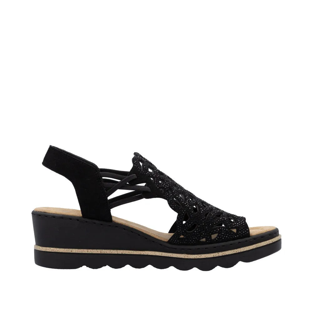Rieker 67465-00 women's black textile elasticated wedge sandals with cutout design and cushioned footbed.