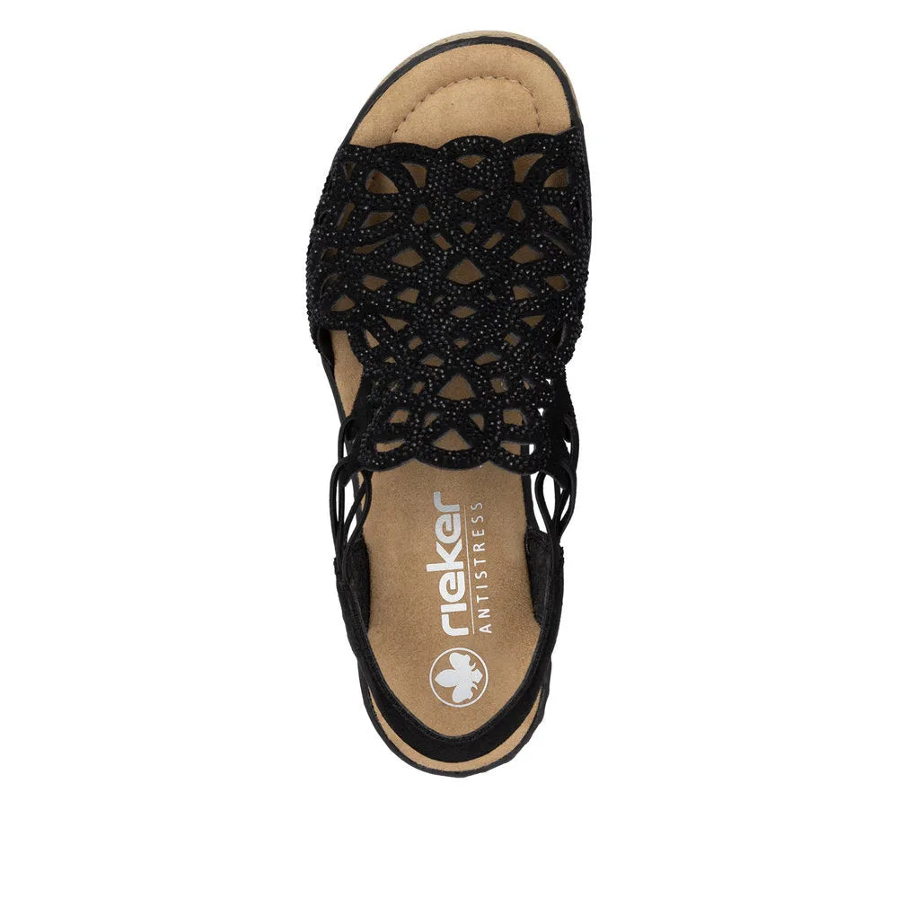 Rieker 67465-00 women's black textile elasticated sandals with lace-up design and cushioned insole.