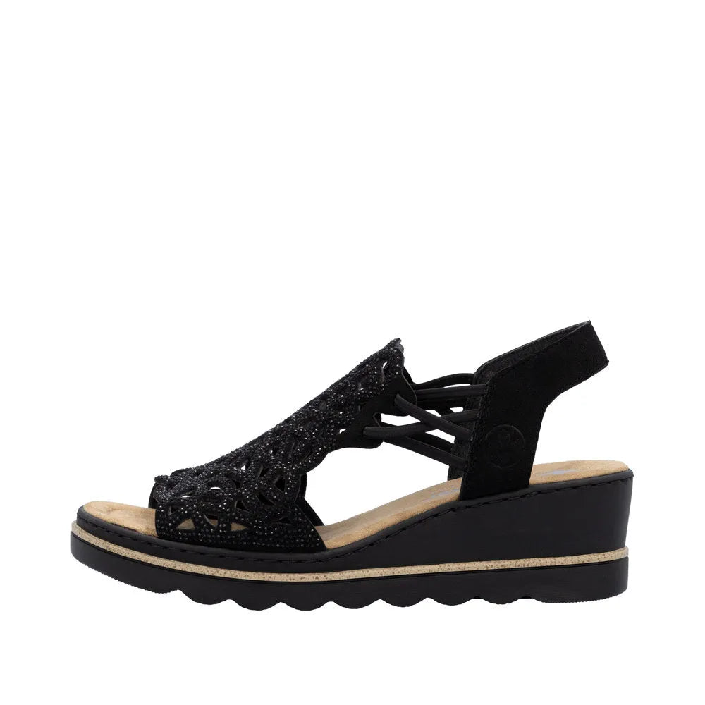 Rieker 67465-00 women's black textile elasticated sandals with a cushioned footbed and wedge heel, stylish and comfortable summer footwear.