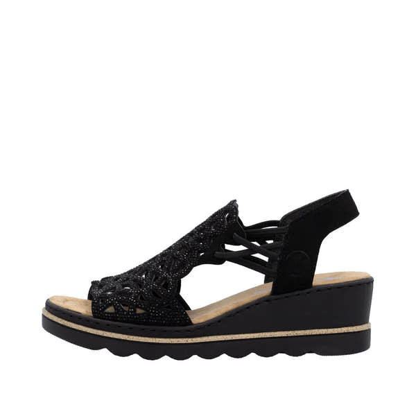 Rieker 67465-00 women's black textile elasticated sandals with a cushioned footbed and wedge heel, stylish and comfortable summer footwear.
