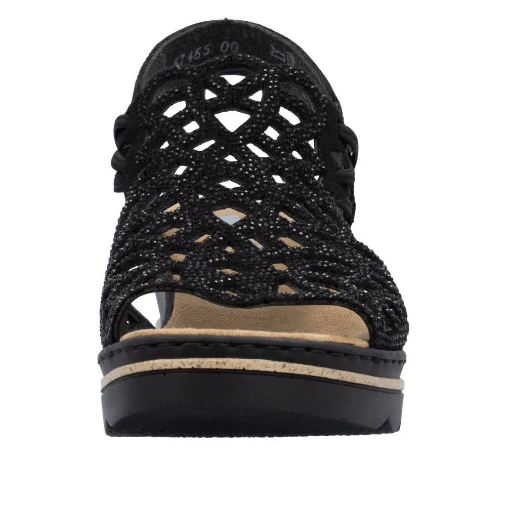 Rieker 67465-00 women’s black textile elasticated sandals with open toe and cushioned sole.