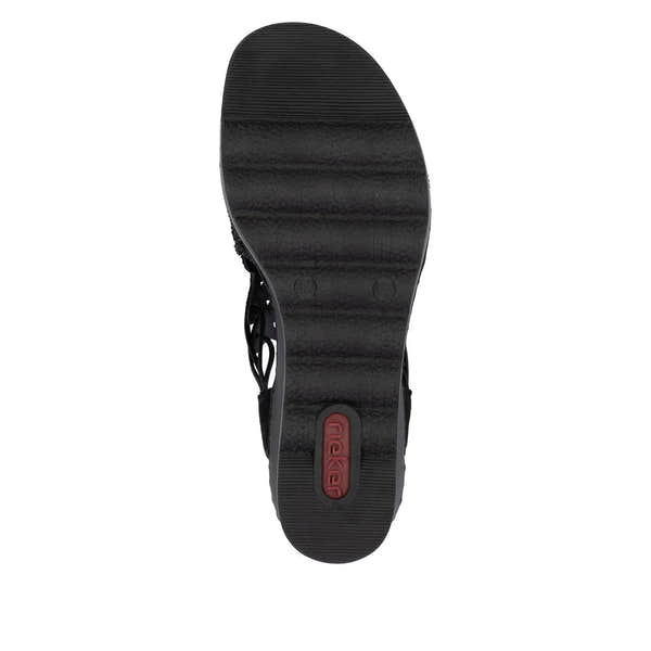 Rieker 67465-00 women's black textile elasticated sandals with cushioned sole and lace-up design.