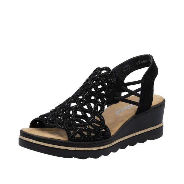 Rieker 67465-00 women's black textile wedge sandals with elasticated straps and intricate cutout design.