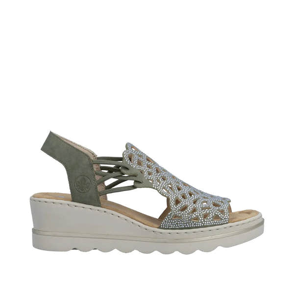 Rieker 67465-52 Ladies Grey Elasticated Sandals with intricate cut-out design and wedge sole.