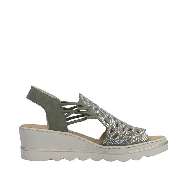 Rieker 67465-52 women's grey elasticated wedge sandals with decorative cutouts and rhinestone accents, cushioned sole, and adjustable heel strap.