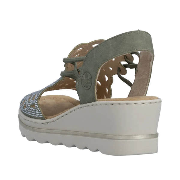 Rieker 67465-52 women's grey elasticated wedge sandals with decorative cutouts and rhinestone details.