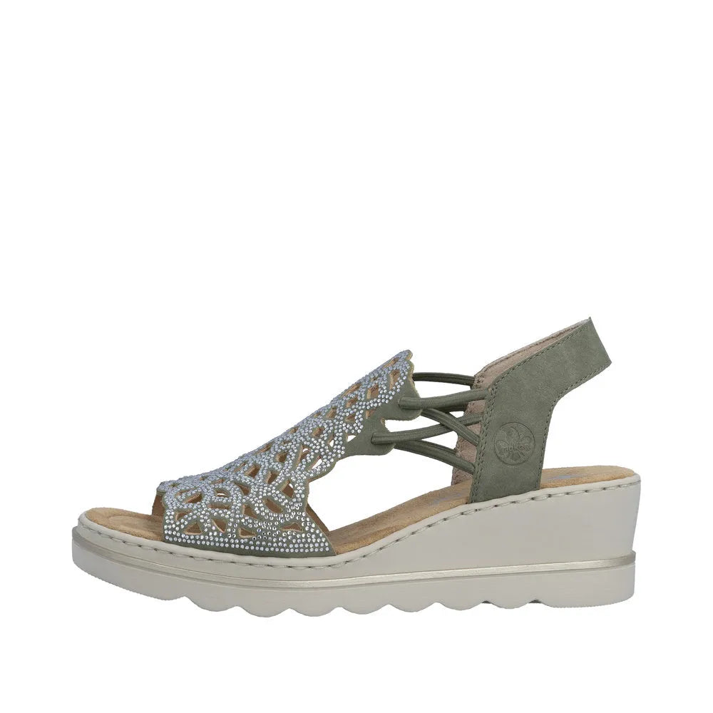Rieker 67465-52 women's grey elasticated open-toe sandals with decorative upper and wedge sole.