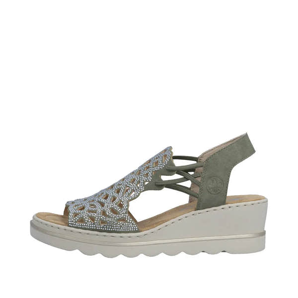 Rieker 67465-52 women's grey elasticated open-toe sandals with decorative upper and wedge sole.