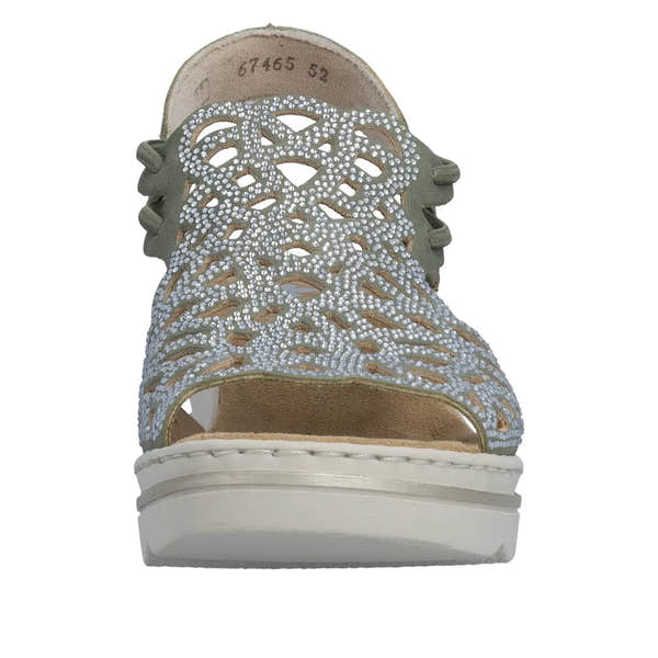 Rieker 67465-52 ladies grey elasticated sandals with decorative bead embellishments and open toe design.