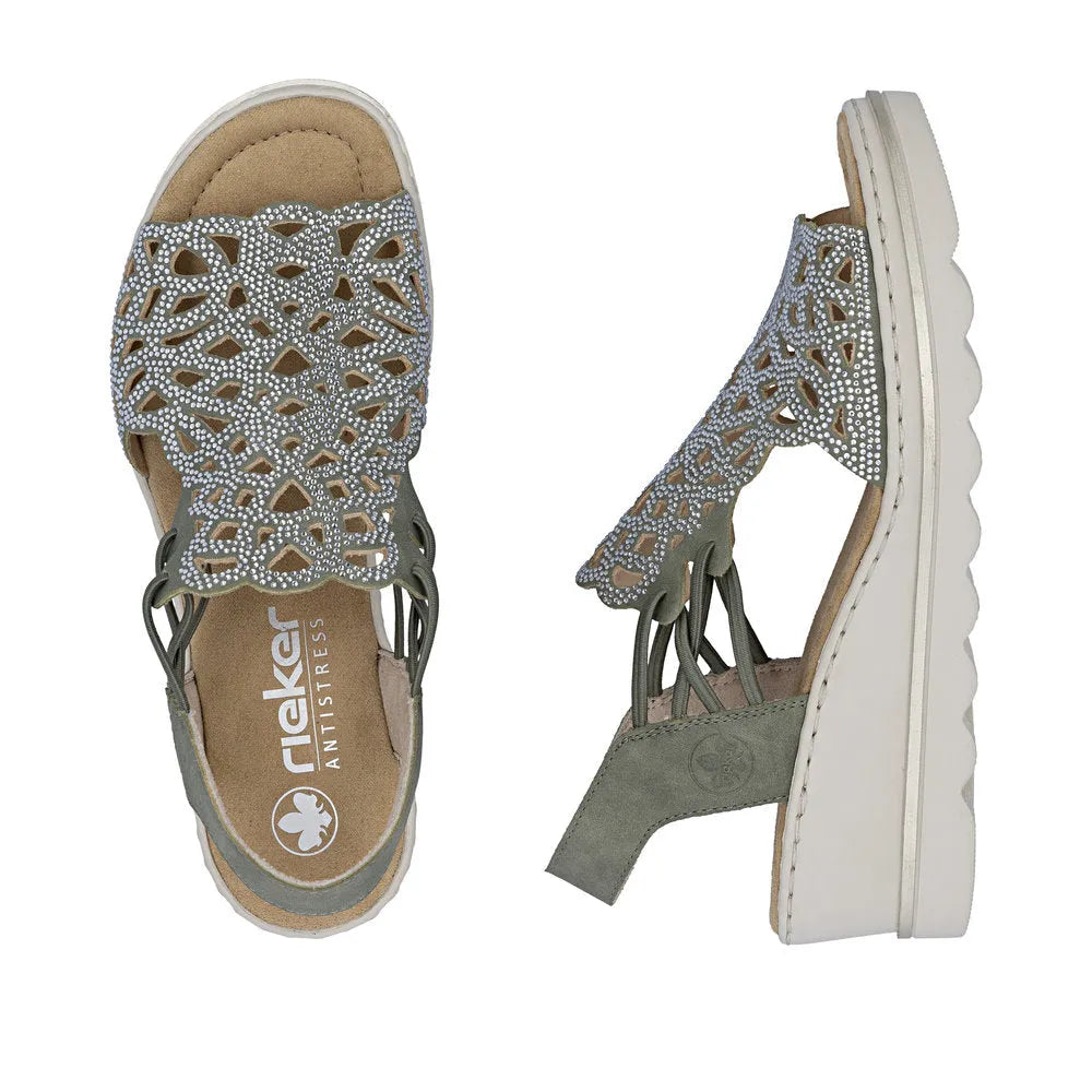 Rieker 67465-52 women's grey elasticated sandals with cut-out design and rhinestone embellishments, cushioned insole, and chunky platform sole.