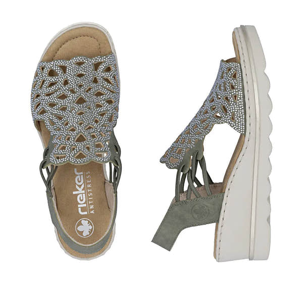 Rieker 67465-52 women's grey elasticated sandals with cut-out design and rhinestone embellishments, cushioned insole, and chunky platform sole.