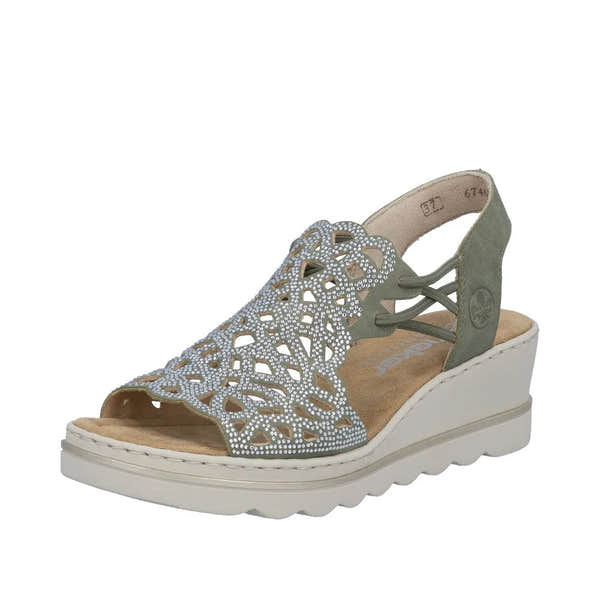 Rieker 67465-52 women's grey wedge sandal with elasticated strap, open toe, decorative upper, and cushioned footbed.