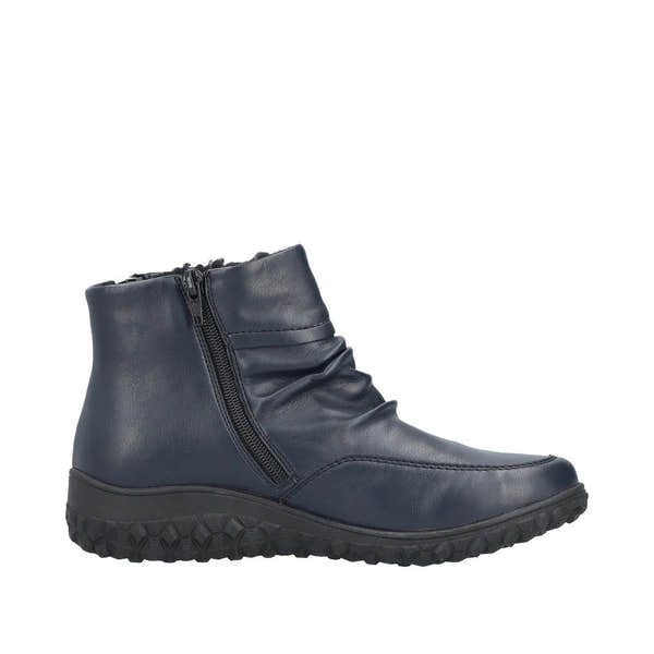 Rieker 59585-14 women's navy blue ruched ankle boots with twin zippers and textured rubber soles.